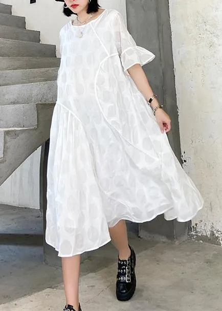 100% o neck flare sleeve cotton tunics for women Fabrics white dotted Dresses