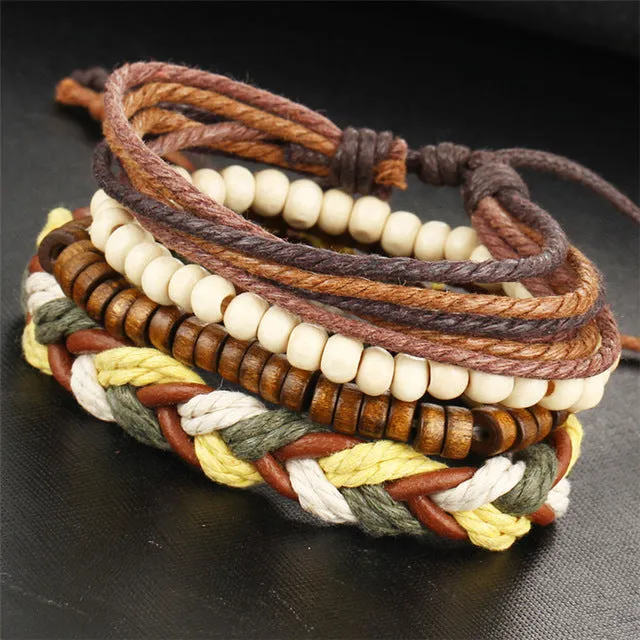 1Set Multilayer Leather Bracelet Men Jewelry Punk Rock Wood Bead Bracelets For Men Love Vintage Bracelets & Bangles Gift Retro