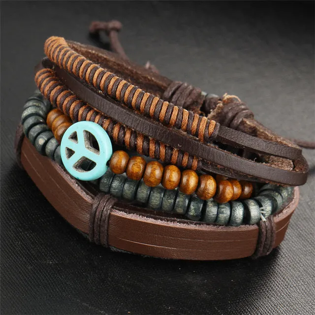 1Set Multilayer Leather Bracelet Men Jewelry Punk Rock Wood Bead Bracelets For Men Love Vintage Bracelets & Bangles Gift Retro