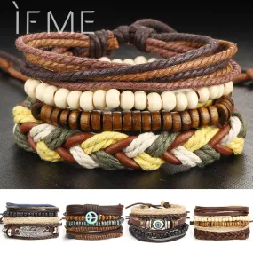 1Set Multilayer Leather Bracelet Men Jewelry Punk Rock Wood Bead Bracelets For Men Love Vintage Bracelets & Bangles Gift Retro