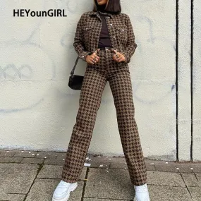 2021 HEYounGIRL Houndstooth Plaid Print Women High Waisted Long Trousers Sizes S- L