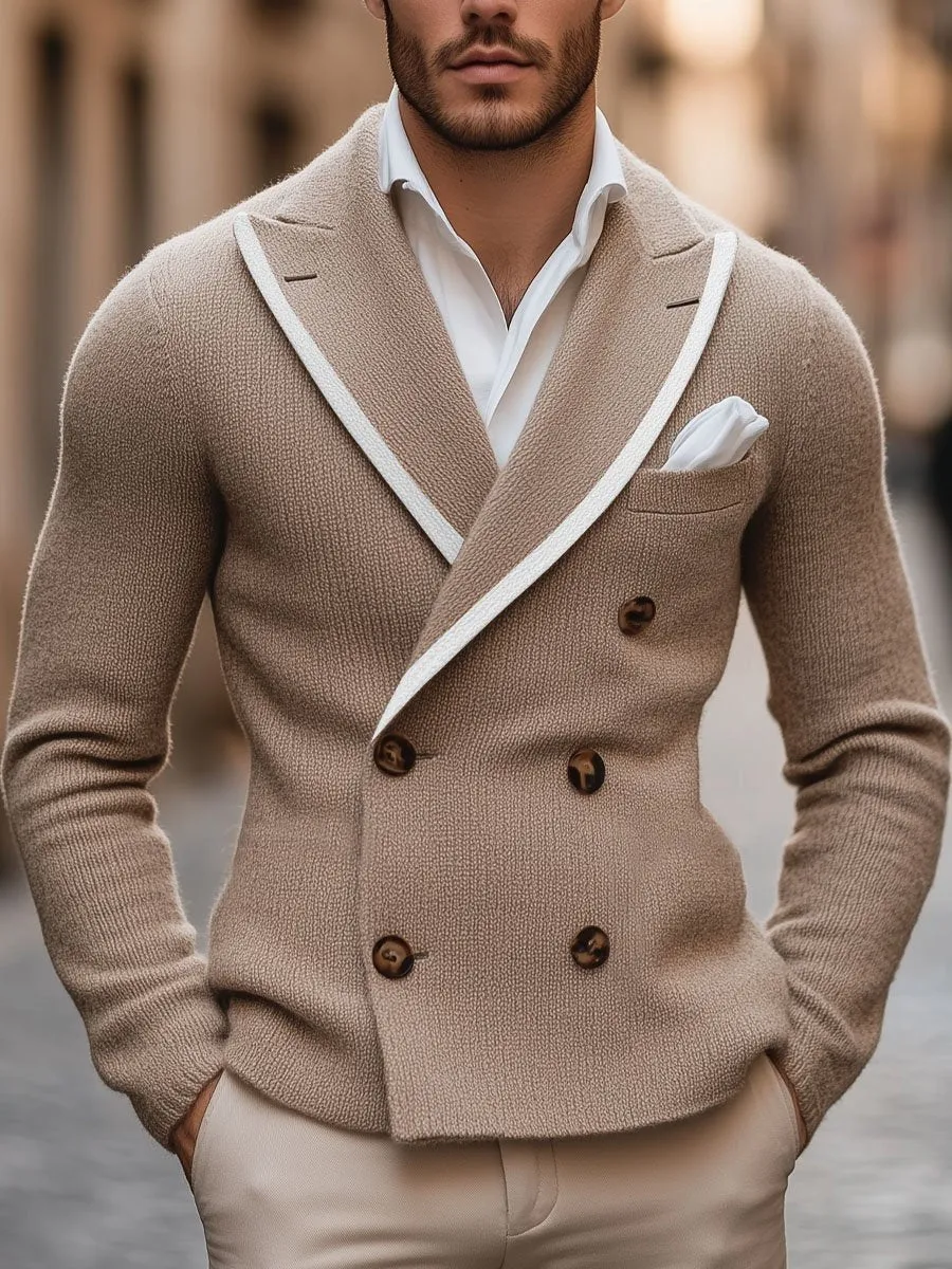 【24-hour shipping】Men's Lapel Contrast Edge Double Breasted Elegant Knitted Blazer