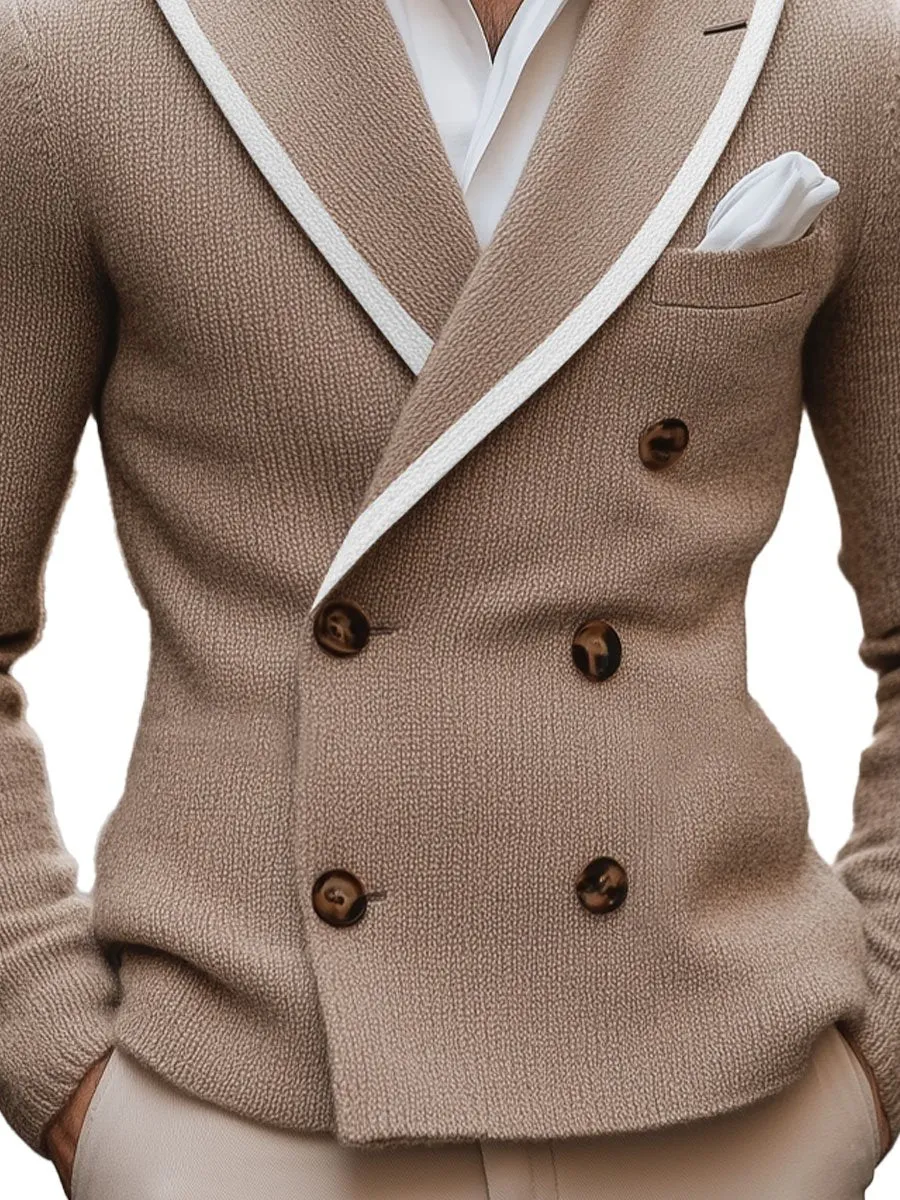 【24-hour shipping】Men's Lapel Contrast Edge Double Breasted Elegant Knitted Blazer