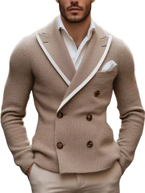 【24-hour shipping】Men's Lapel Contrast Edge Double Breasted Elegant Knitted Blazer