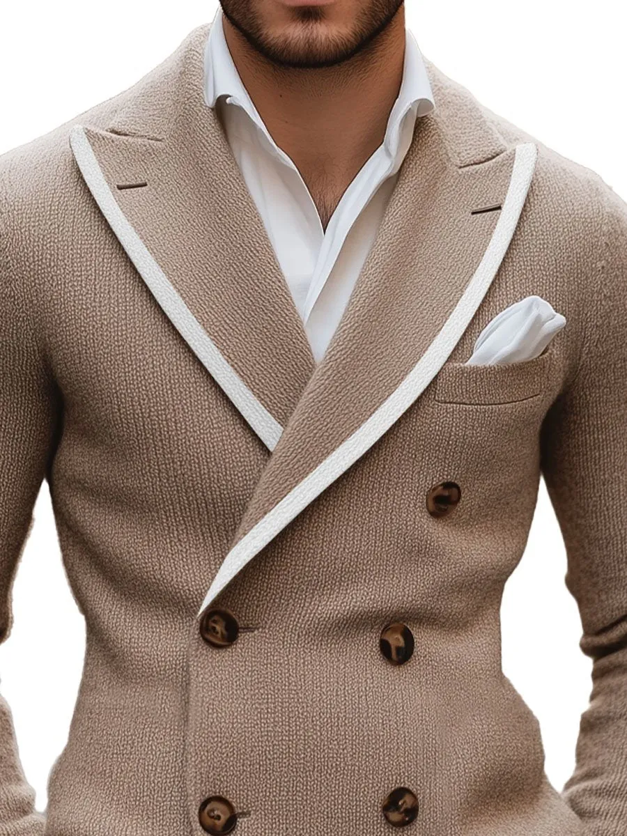 【24-hour shipping】Men's Lapel Contrast Edge Double Breasted Elegant Knitted Blazer