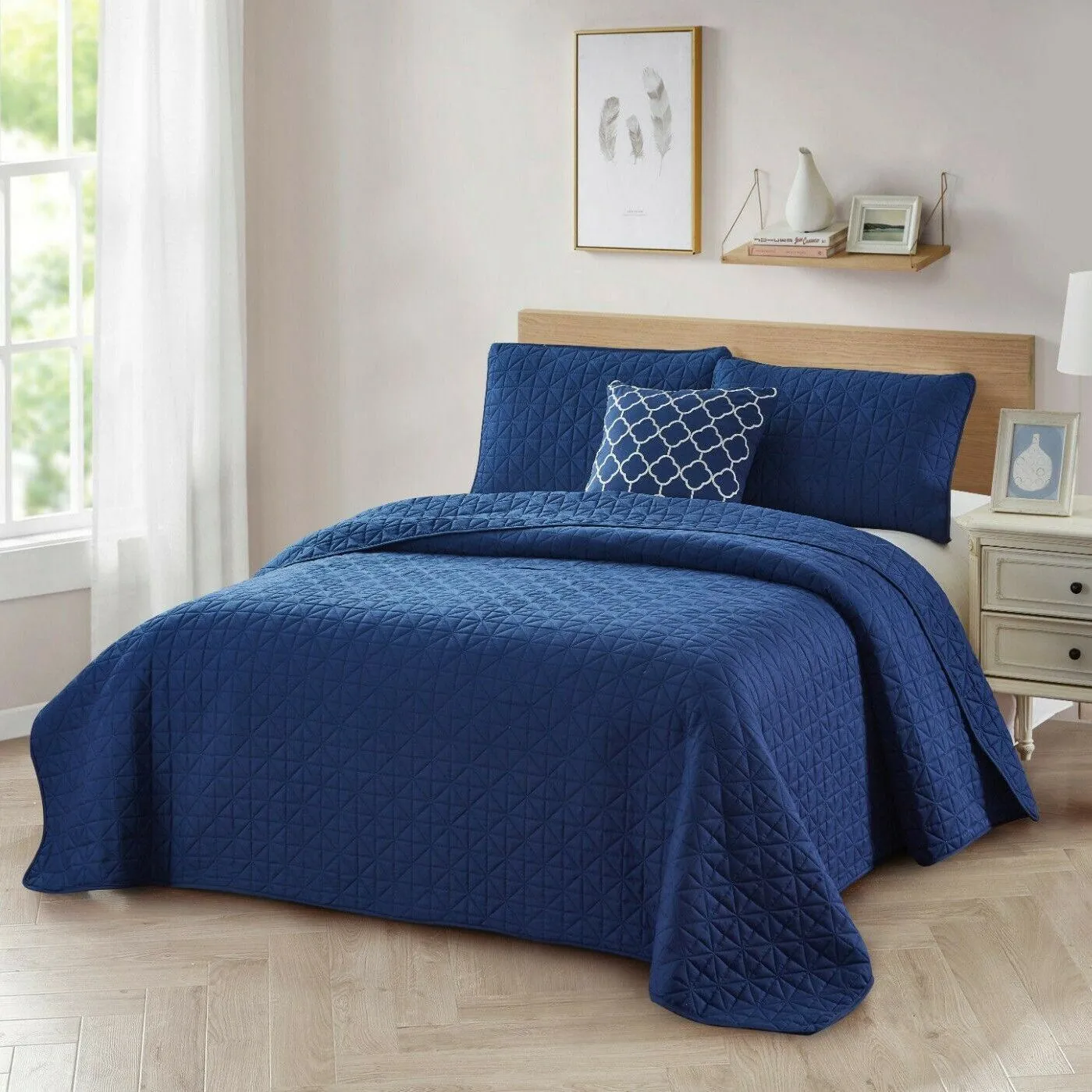 4-Piece: Bibb Home Solid Reversible Quilt Set with Embroidered Cushion