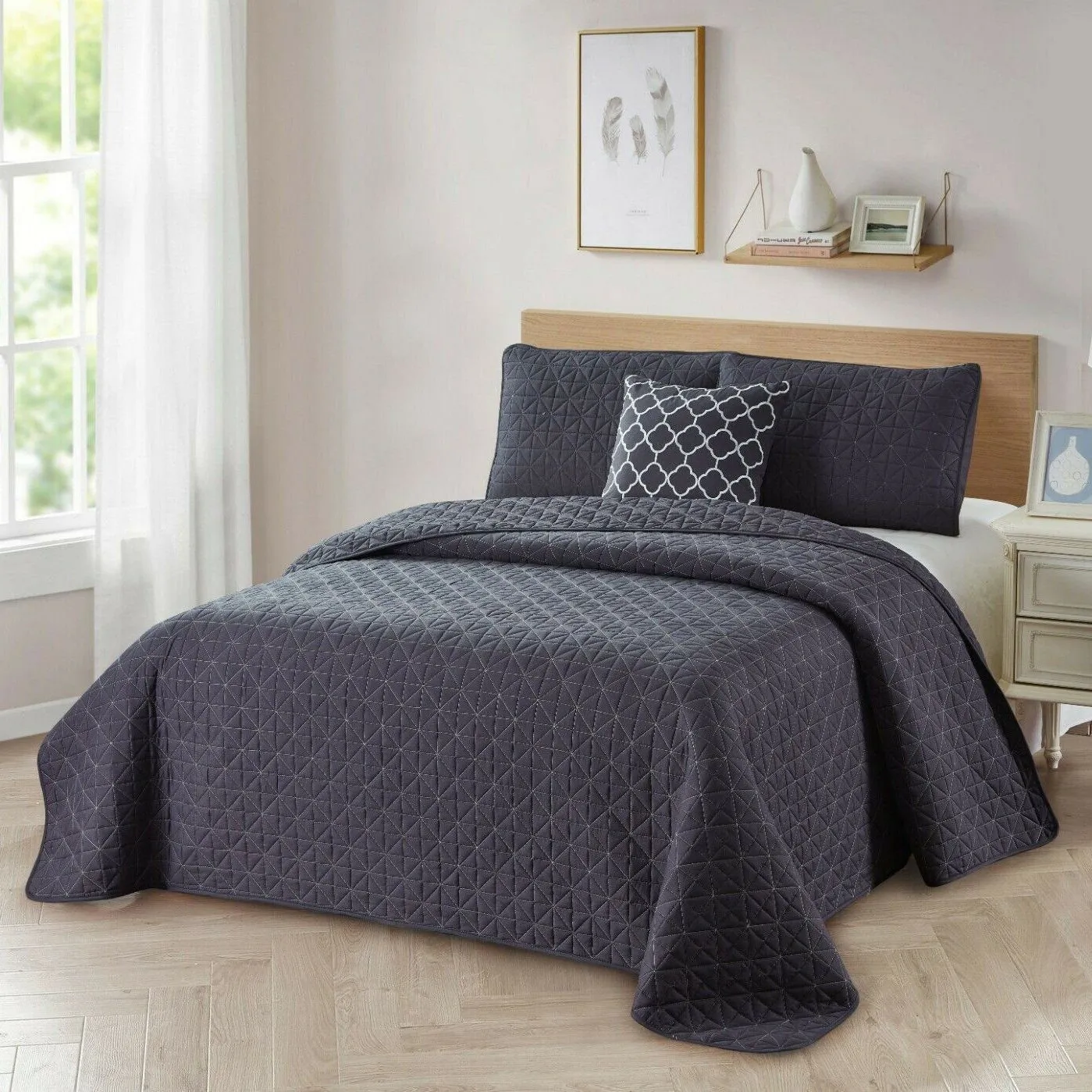 4-Piece: Bibb Home Solid Reversible Quilt Set with Embroidered Cushion