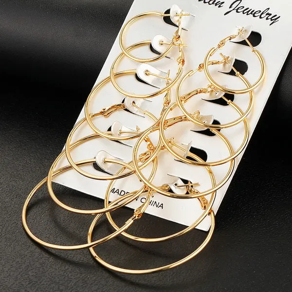 6 PCS/LOT Steampunk Gold Color Big Hoop Earrings Simple Style Earring High Quality Engagement Gift Jewelry Brinco Argola