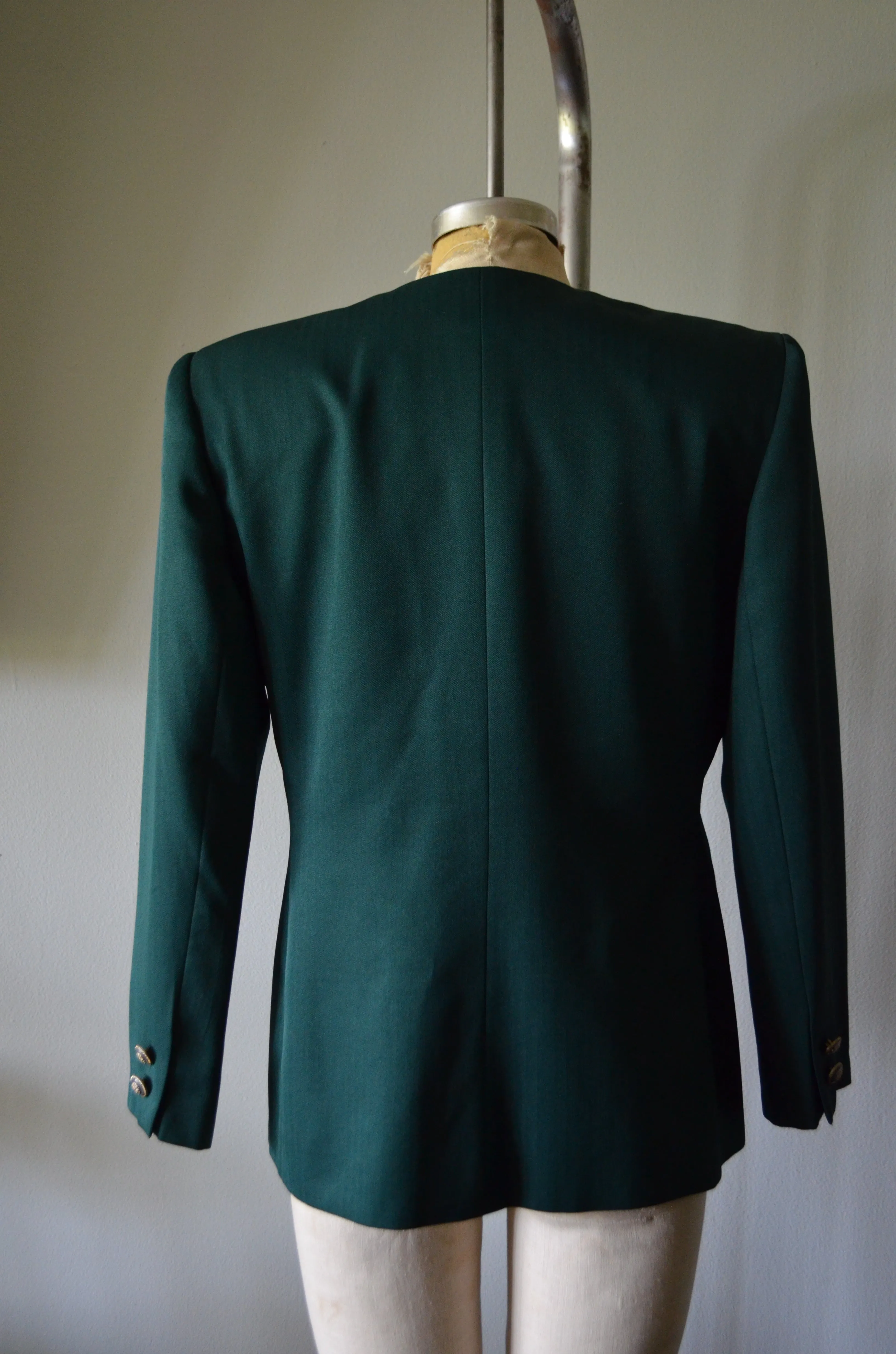 80s Dark Green tailored green Woman Double breasted blazer with gold pocket embroidery