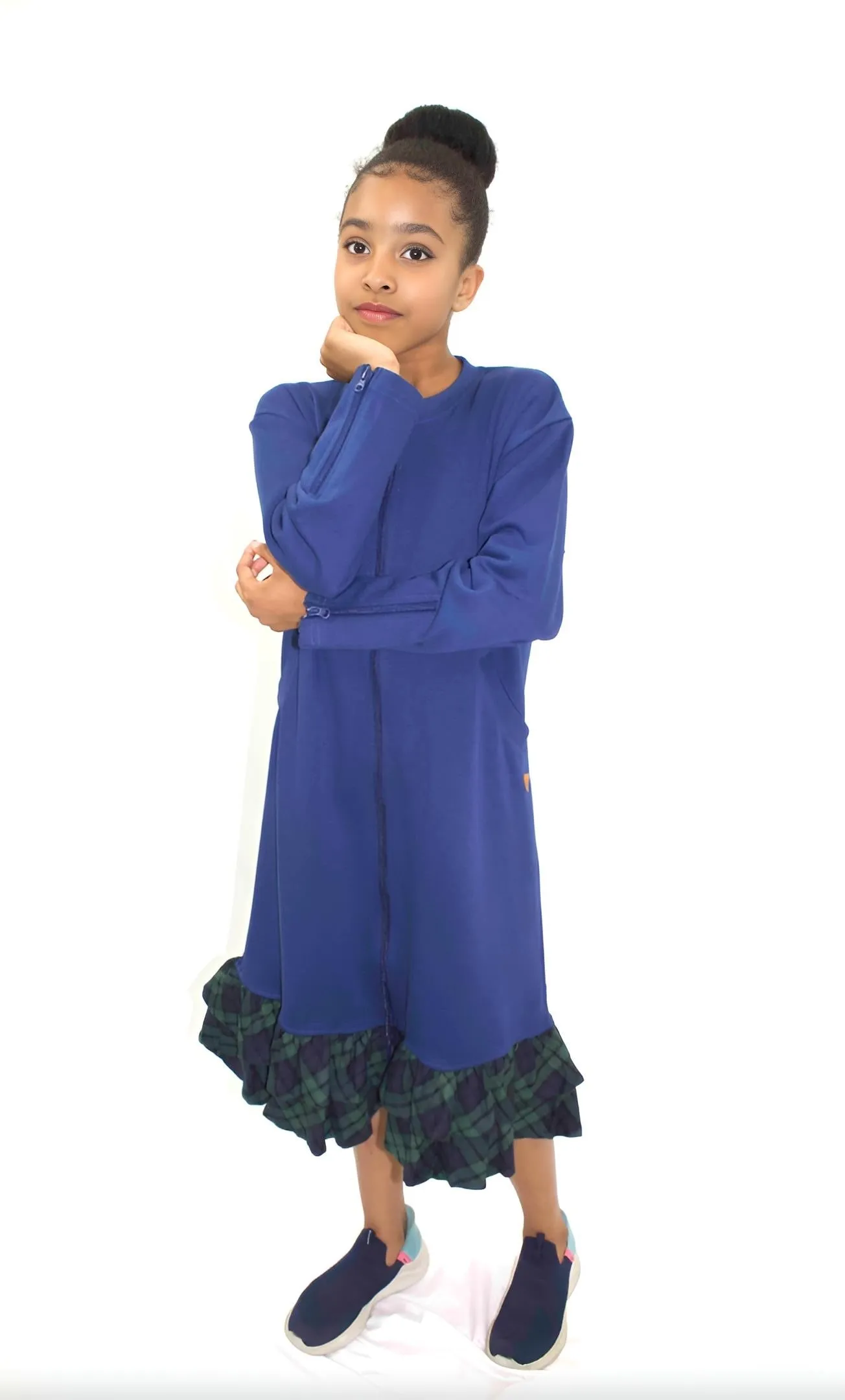 Adaptive Kids Dolman Sweatshirt Dress with full Zipper & Contrast Frills