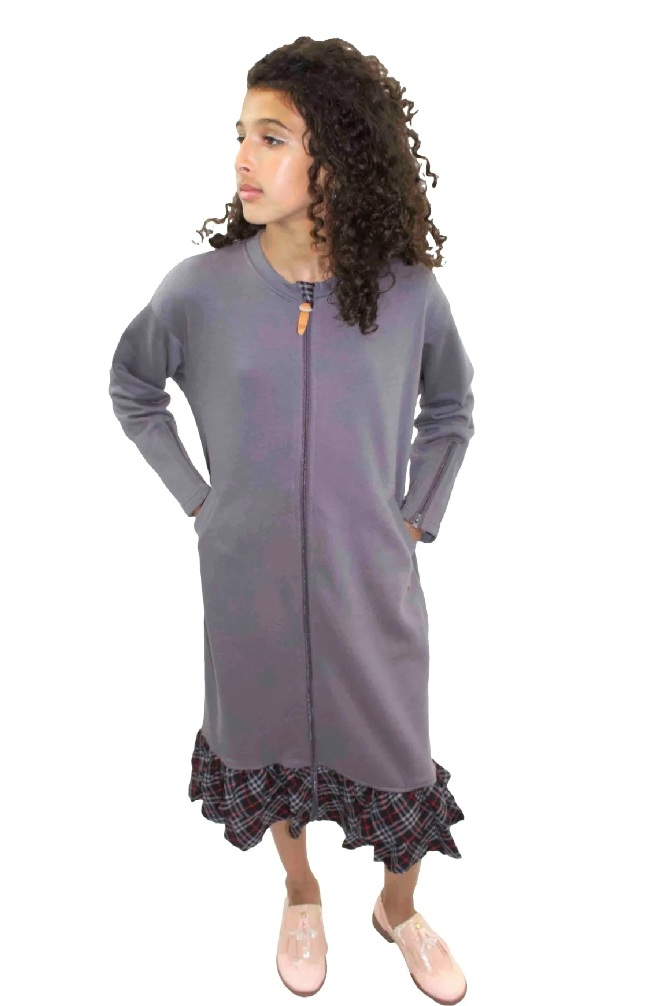 Adaptive Kids Dolman Sweatshirt Dress with full Zipper & Contrast Frills