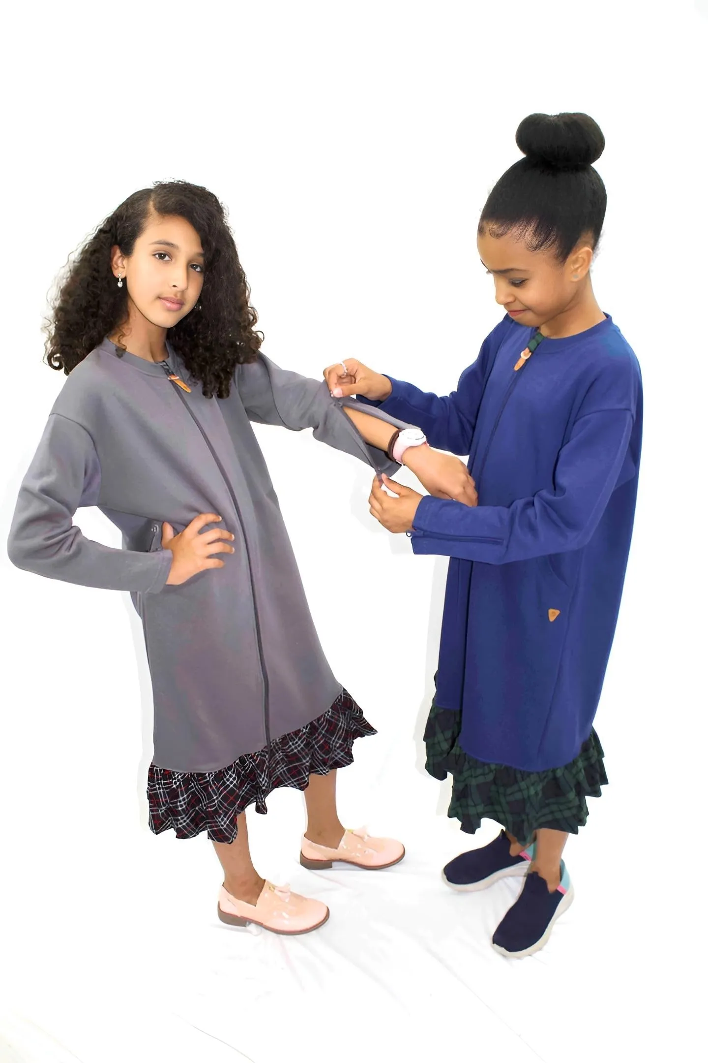 Adaptive Kids Dolman Sweatshirt Dress with full Zipper & Contrast Frills