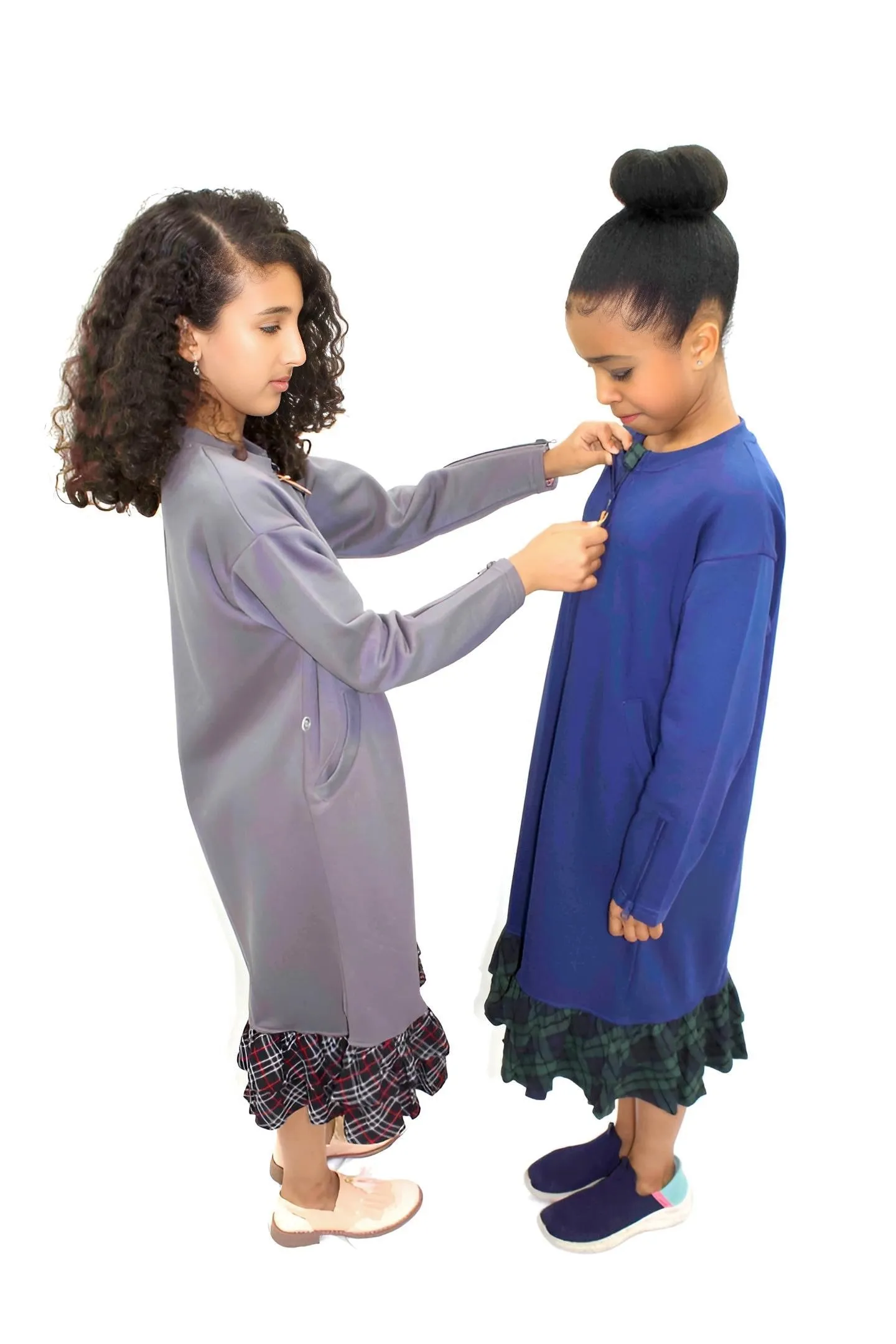 Adaptive Kids Dolman Sweatshirt Dress with full Zipper & Contrast Frills