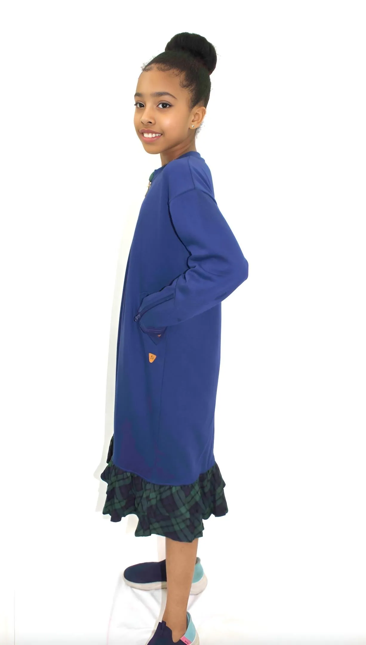 Adaptive Kids Dolman Sweatshirt Dress with full Zipper & Contrast Frills