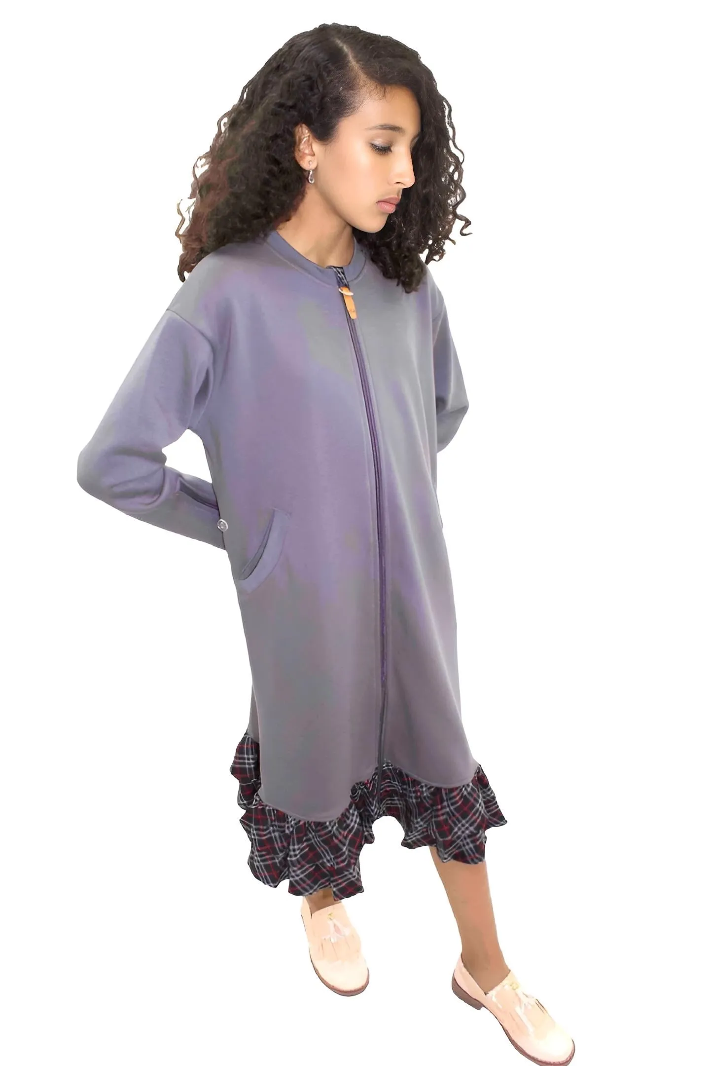 Adaptive Kids Dolman Sweatshirt Dress with full Zipper & Contrast Frills