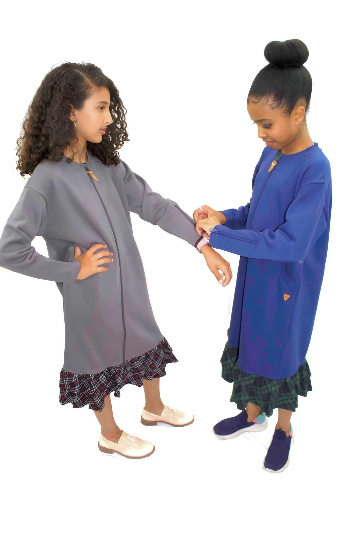 Adaptive Kids Dolman Sweatshirt Dress with full Zipper & Contrast Frills