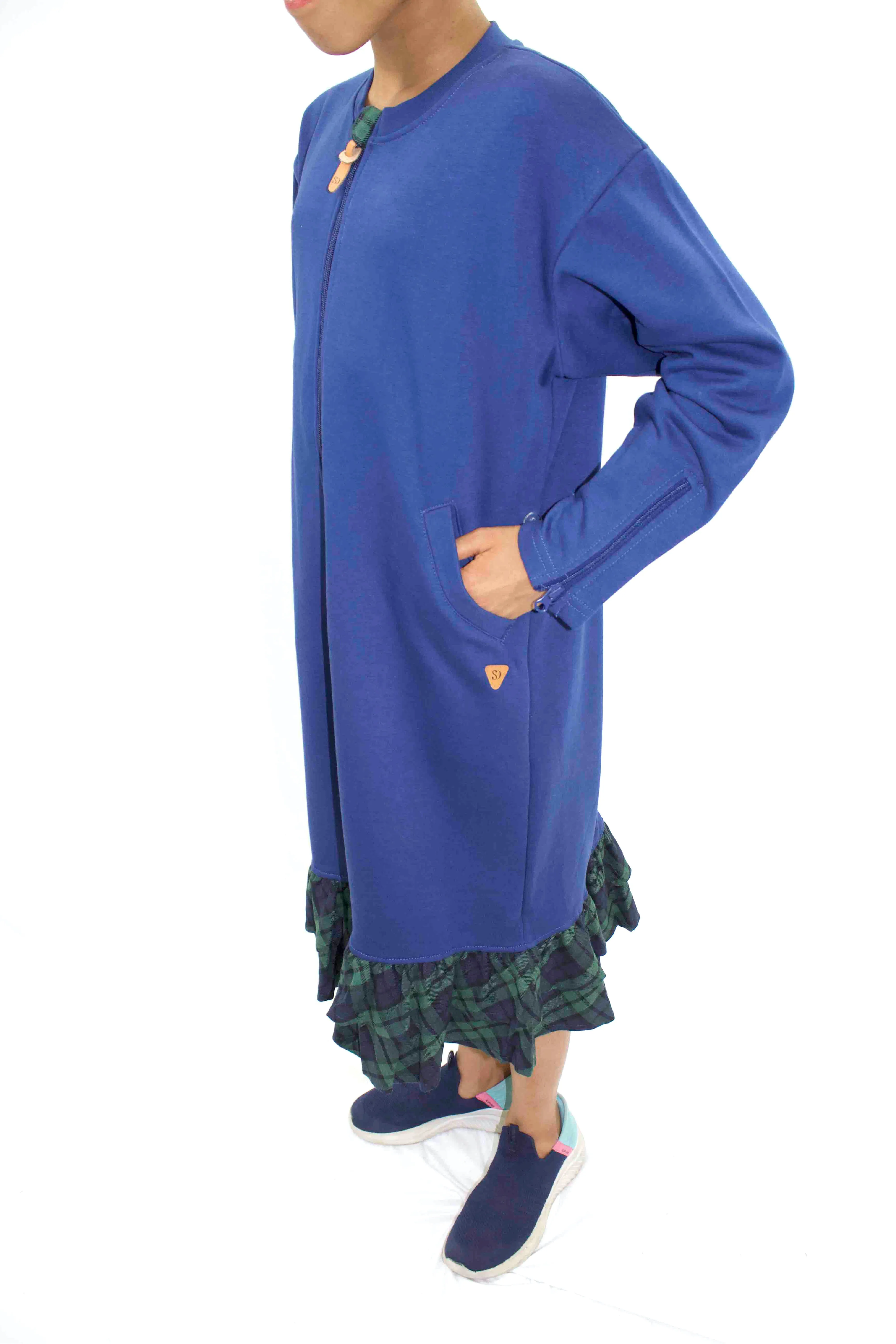 Adaptive Kids Dolman Sweatshirt Dress with full Zipper & Contrast Frills