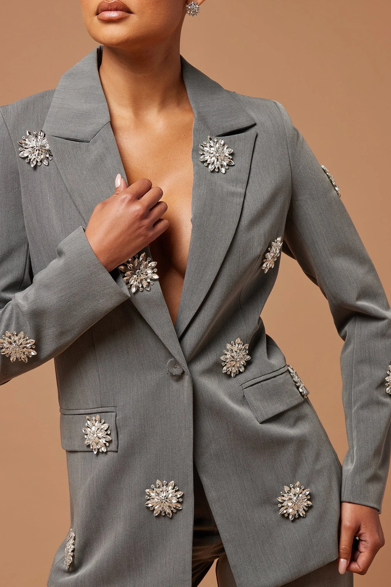 Adara Embellished Blazer Set - Grey