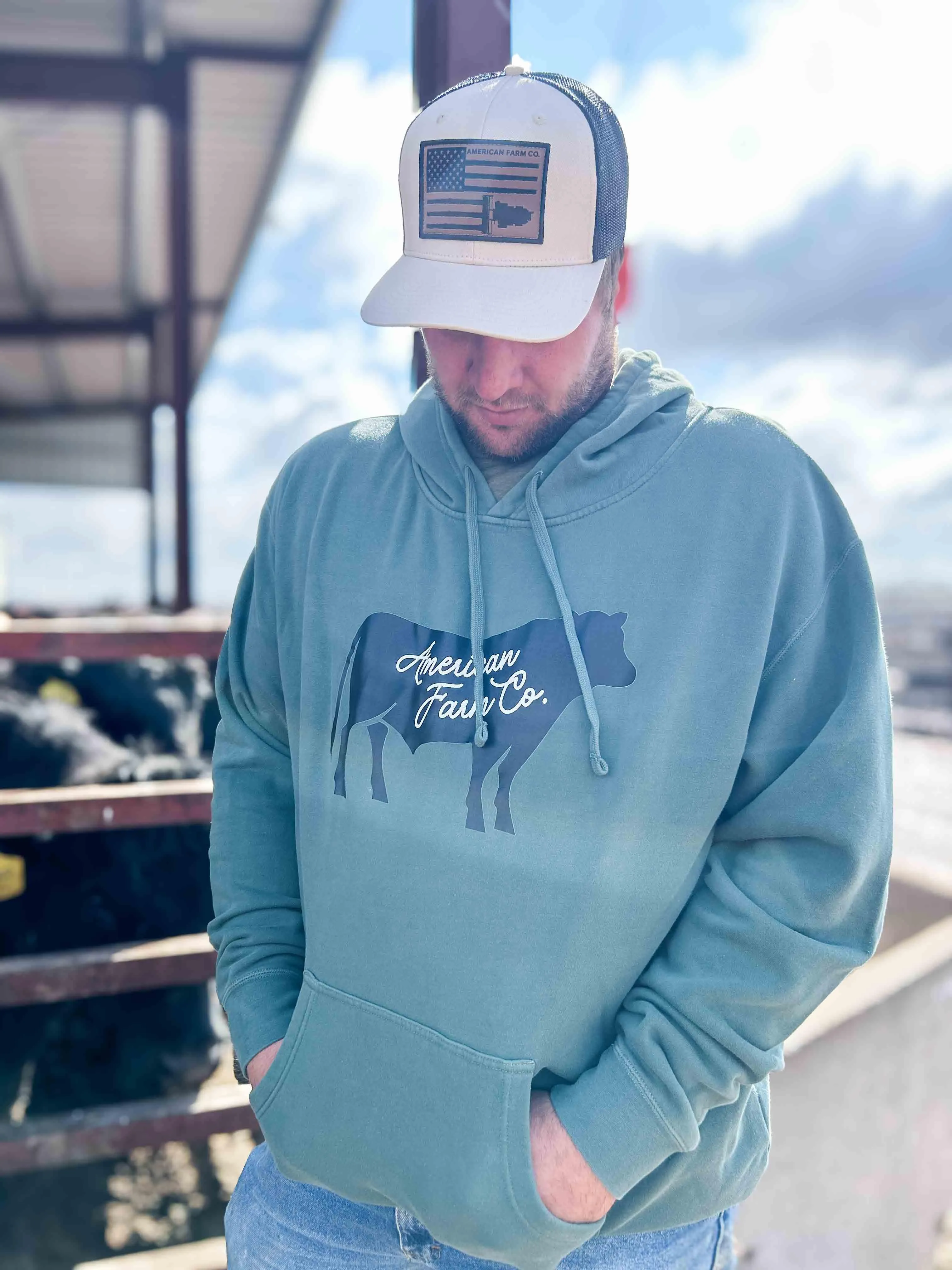 American Farm Co Black Cow Green Hoodie