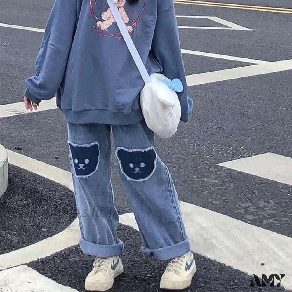 Amy Fashion - Korean Bear Jeans Cute Print Denim Wide Leg Pants