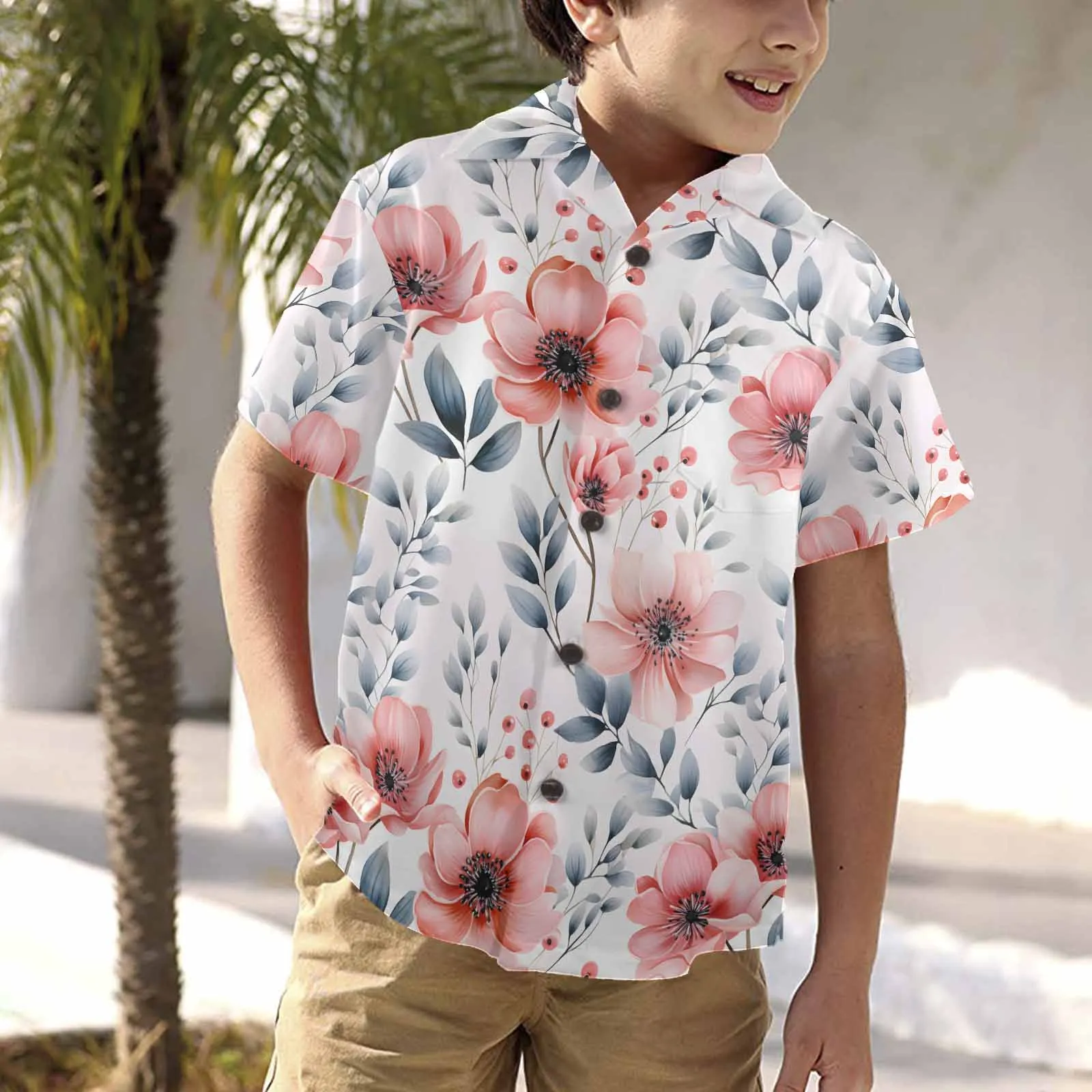 Apricot and Grey Floral  Little Boys&#039; Hawaiian Shirt (Model T58)