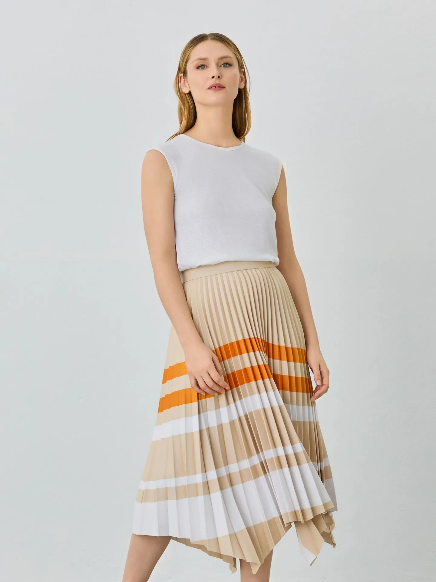 Asymmetric Pleated Skirt With Stripes