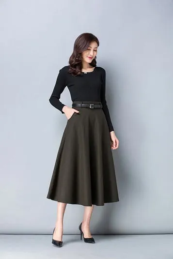 autumn commuter mid calf high waist  skirt S010#