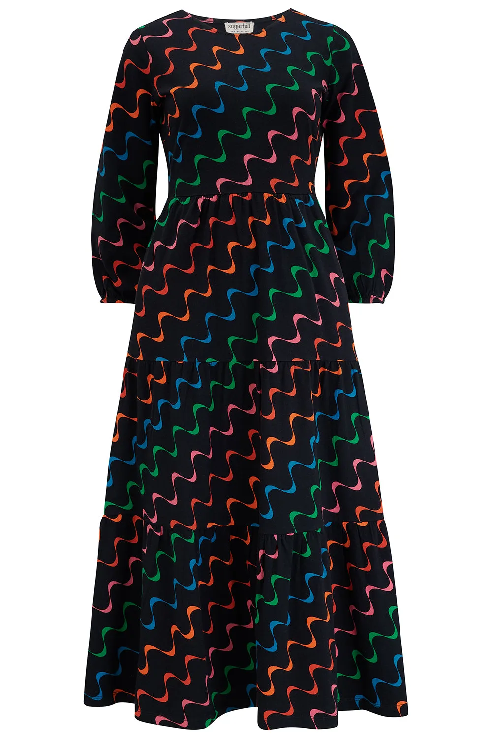 BAKARI JERSEY TIERED MIDI DRESS (BLACK/UNDULATING WAVES)