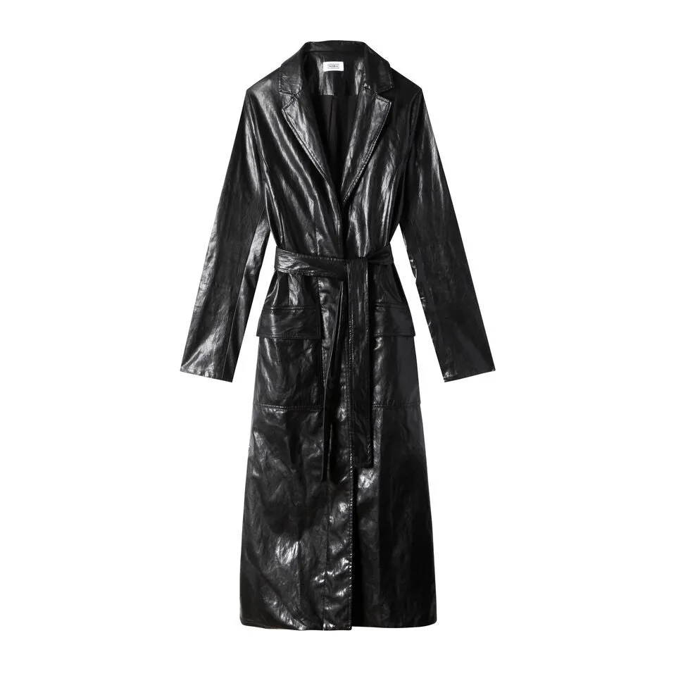 BELTED TRENCH COAT - BLACK FAUX LEATHER