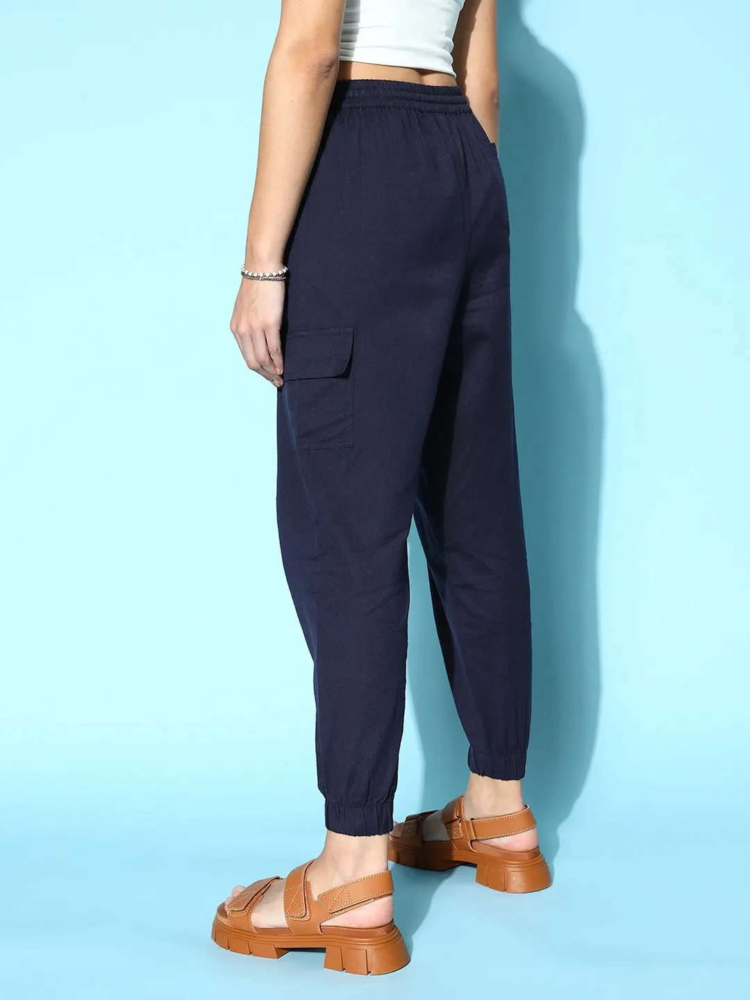 Berrylush Women Solid Navy Blue Tie-Up High-Rise Waist Cotton Regular Utility Trousers