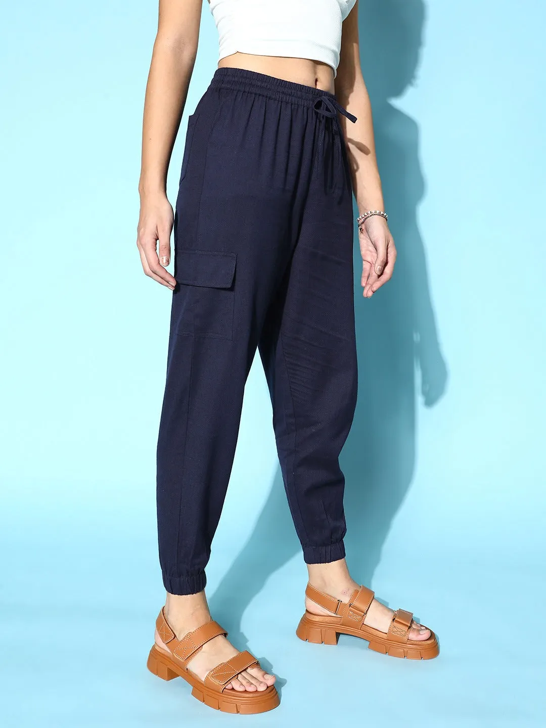 Berrylush Women Solid Navy Blue Tie-Up High-Rise Waist Cotton Regular Utility Trousers