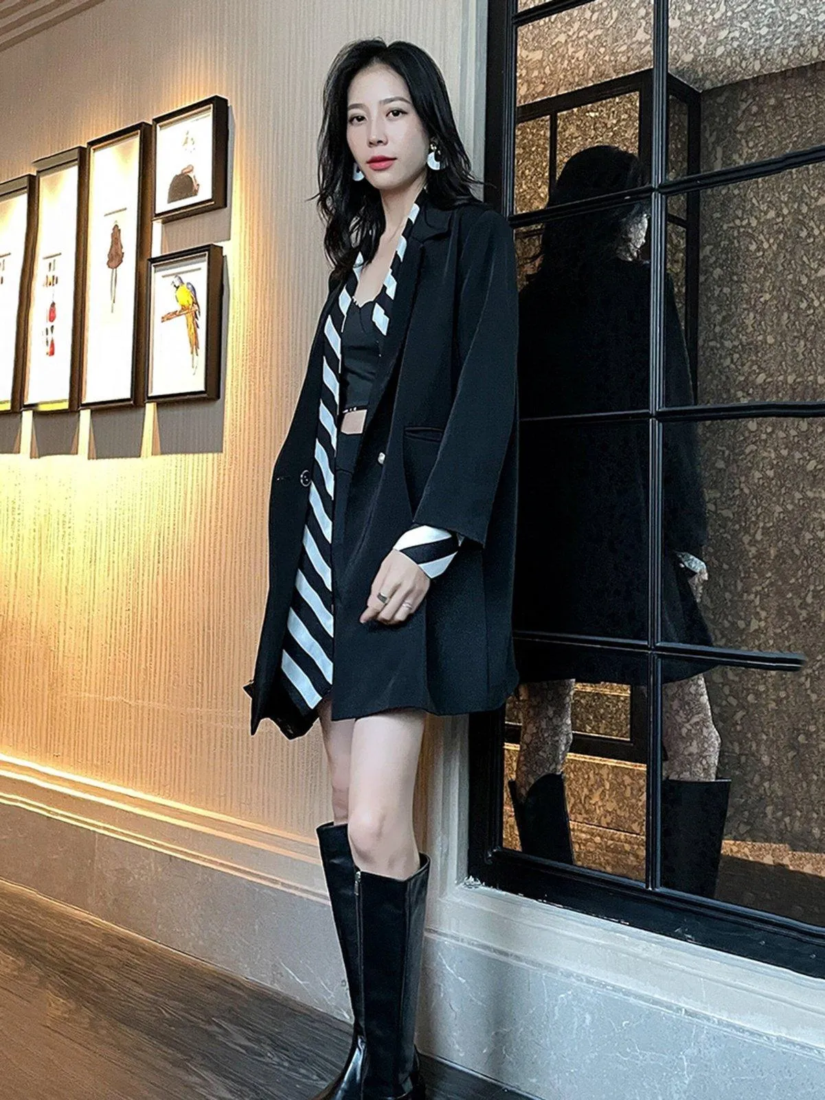 Black Button Blazer Coat & Striped Scarf