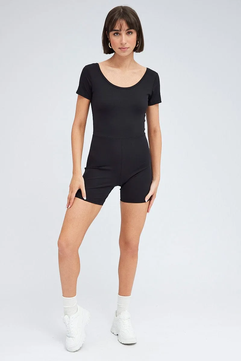 Black Romper Short Sleeve Scoop Neck Activewear