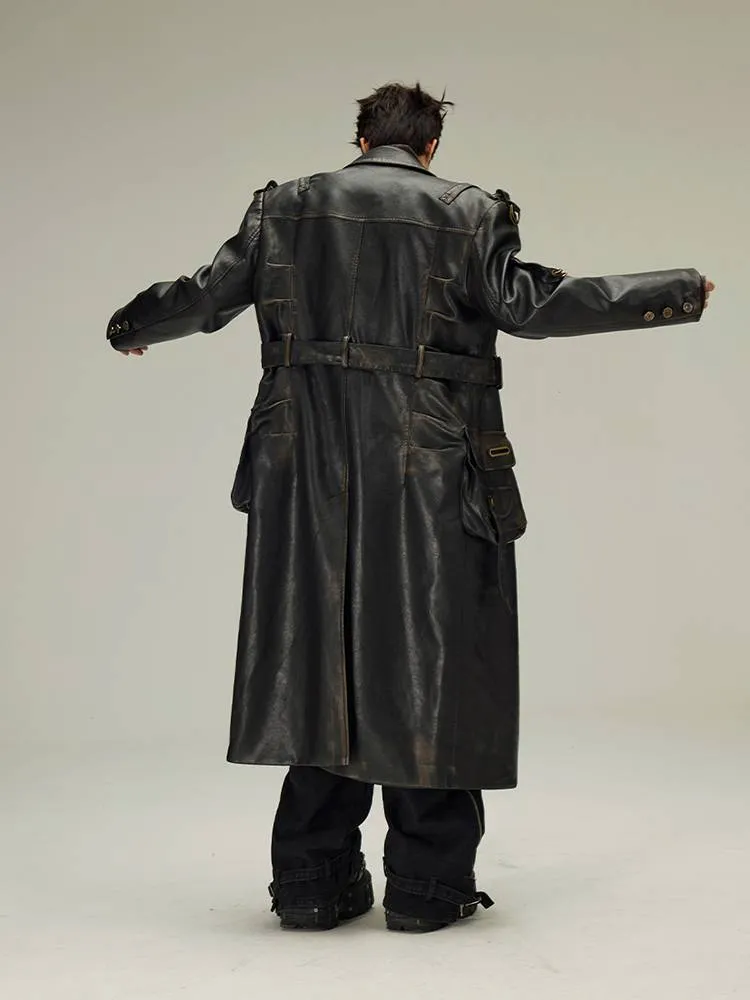 Black Solid Distressed Belt Double Trench Coat