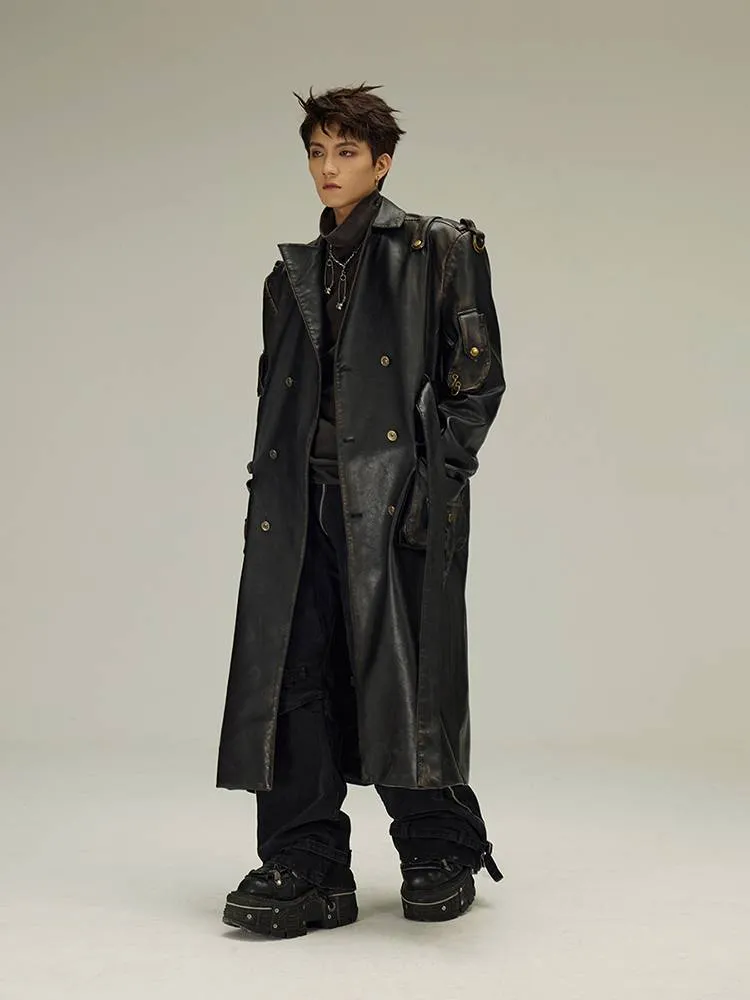 Black Solid Distressed Belt Double Trench Coat