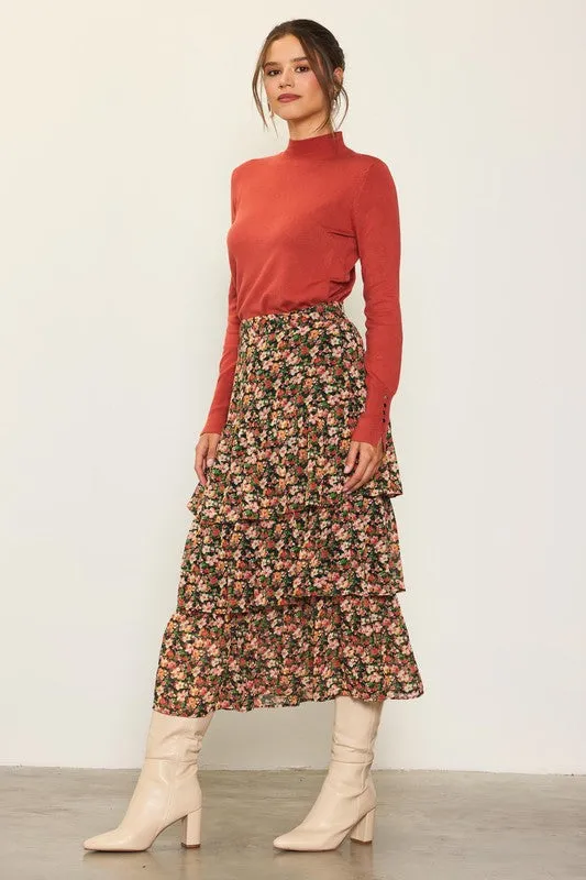 Black-Terracotta Floral Print Ruffled Midi Skirt