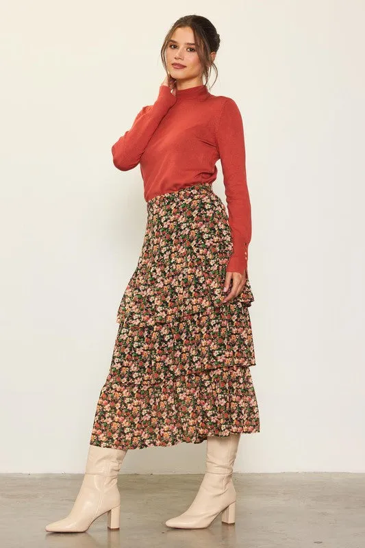 Black-Terracotta Floral Print Ruffled Midi Skirt