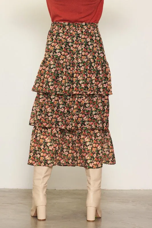 Black-Terracotta Floral Print Ruffled Midi Skirt