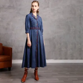 Blue Denim Embroidered Belted Half Sleeve Midi Dress