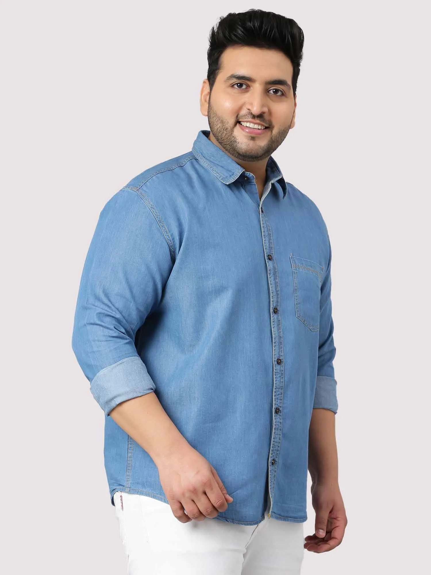 Blue Denim Single Pocket Full Sleeve Shirt Men's Plus Size