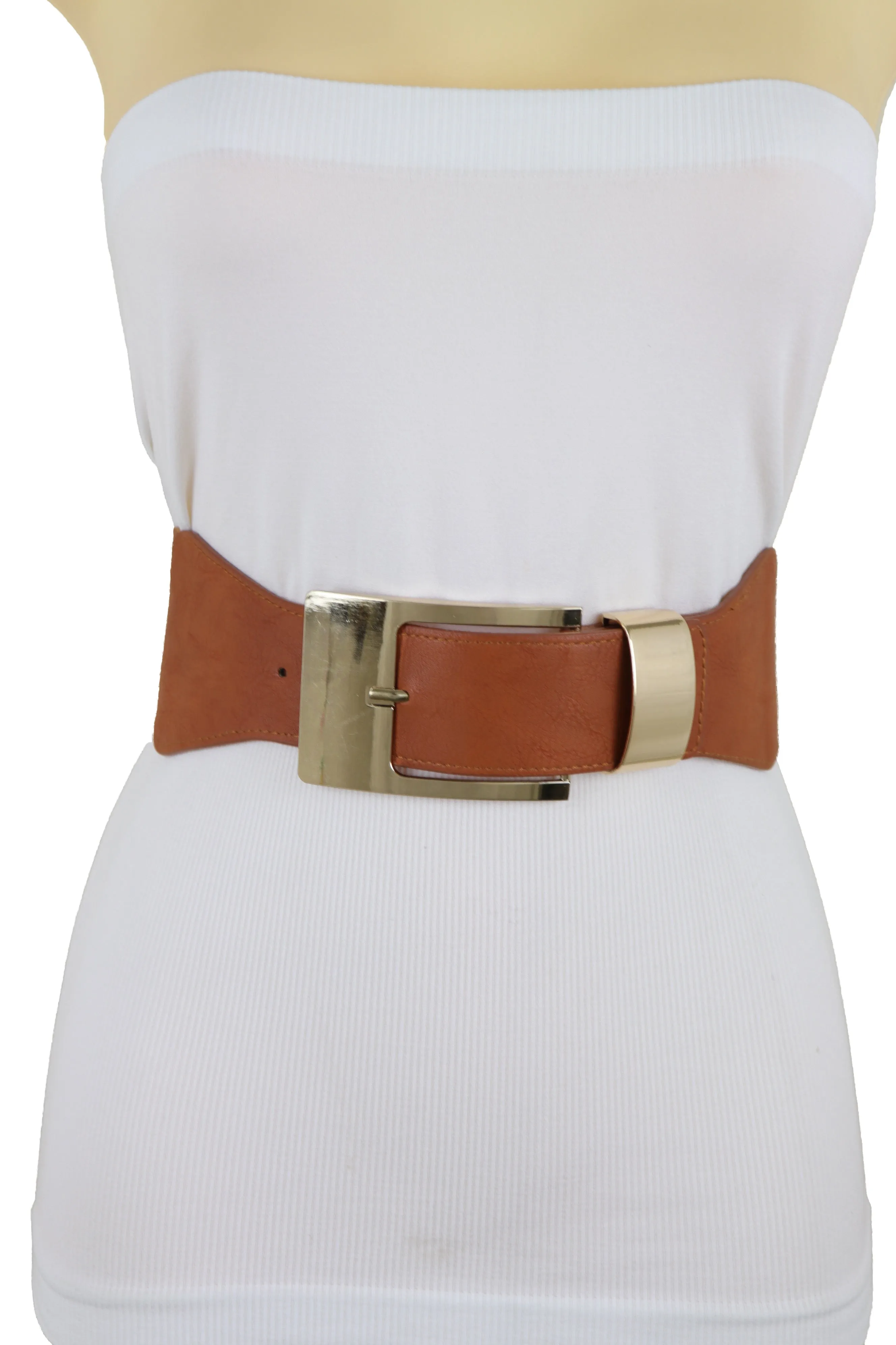 Brown Elastic Fashion Belt Hip High Waist Gold Metal Buckle S M