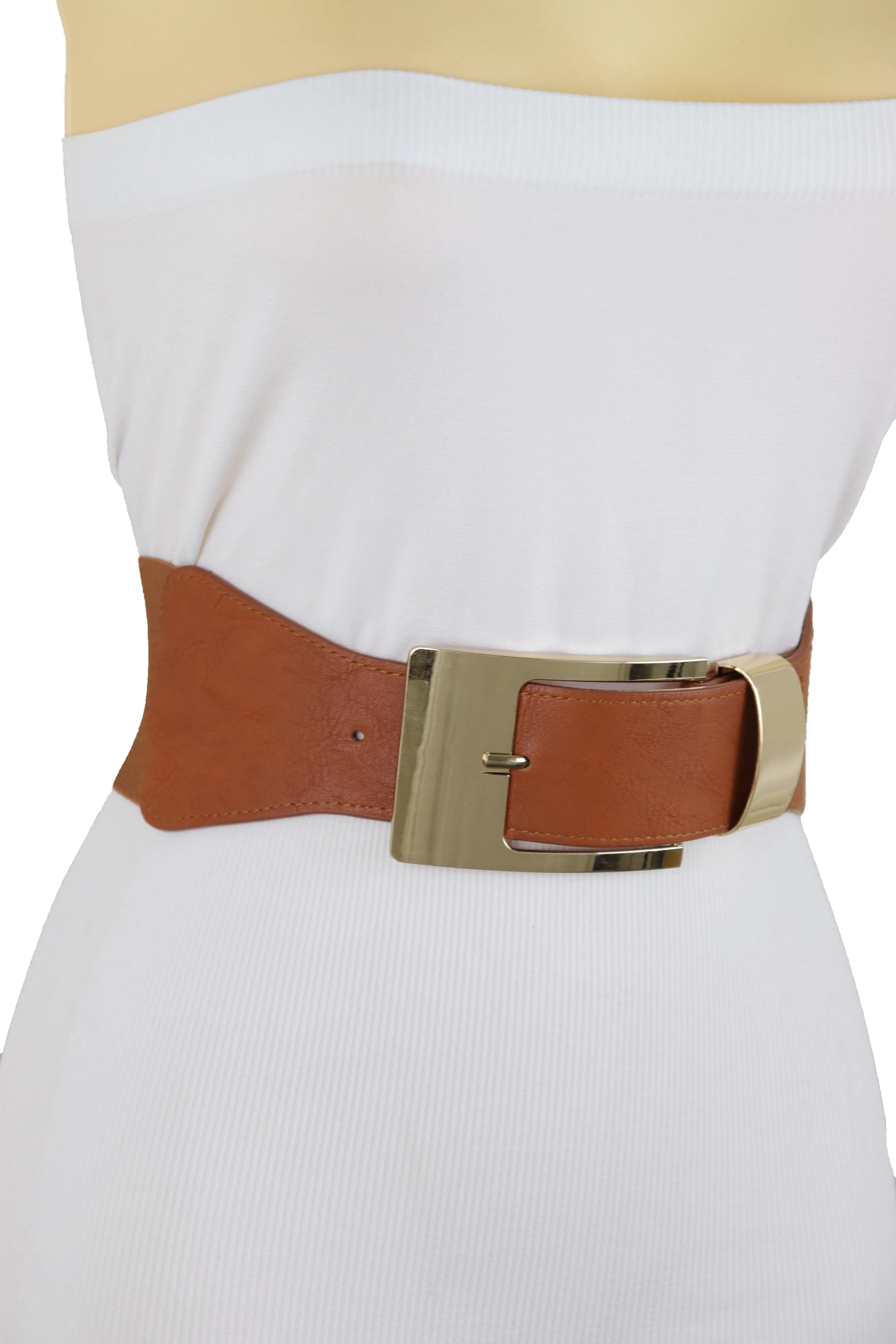 Brown Elastic Fashion Belt Hip High Waist Gold Metal Buckle S M