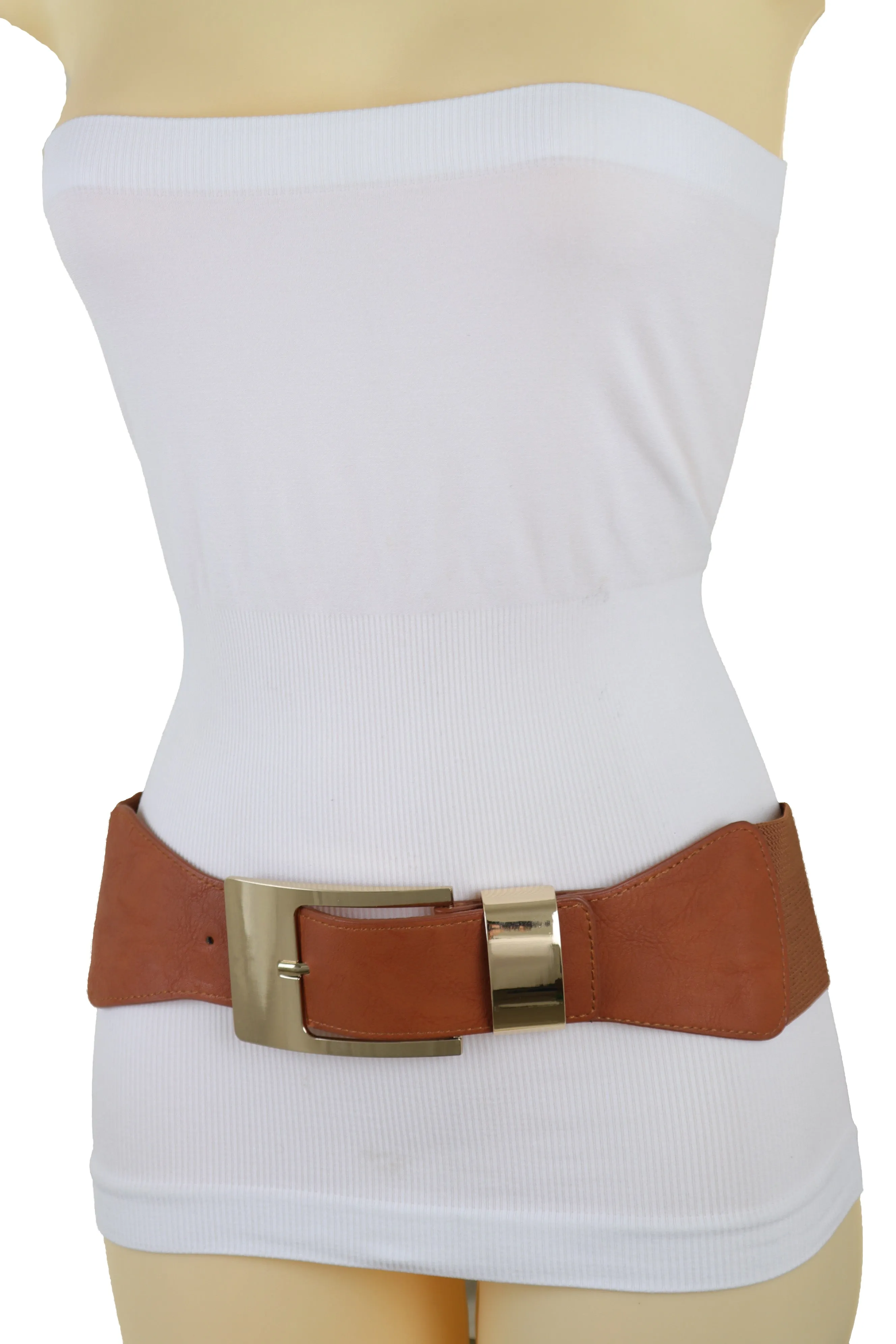 Brown Elastic Fashion Belt Hip High Waist Gold Metal Buckle S M