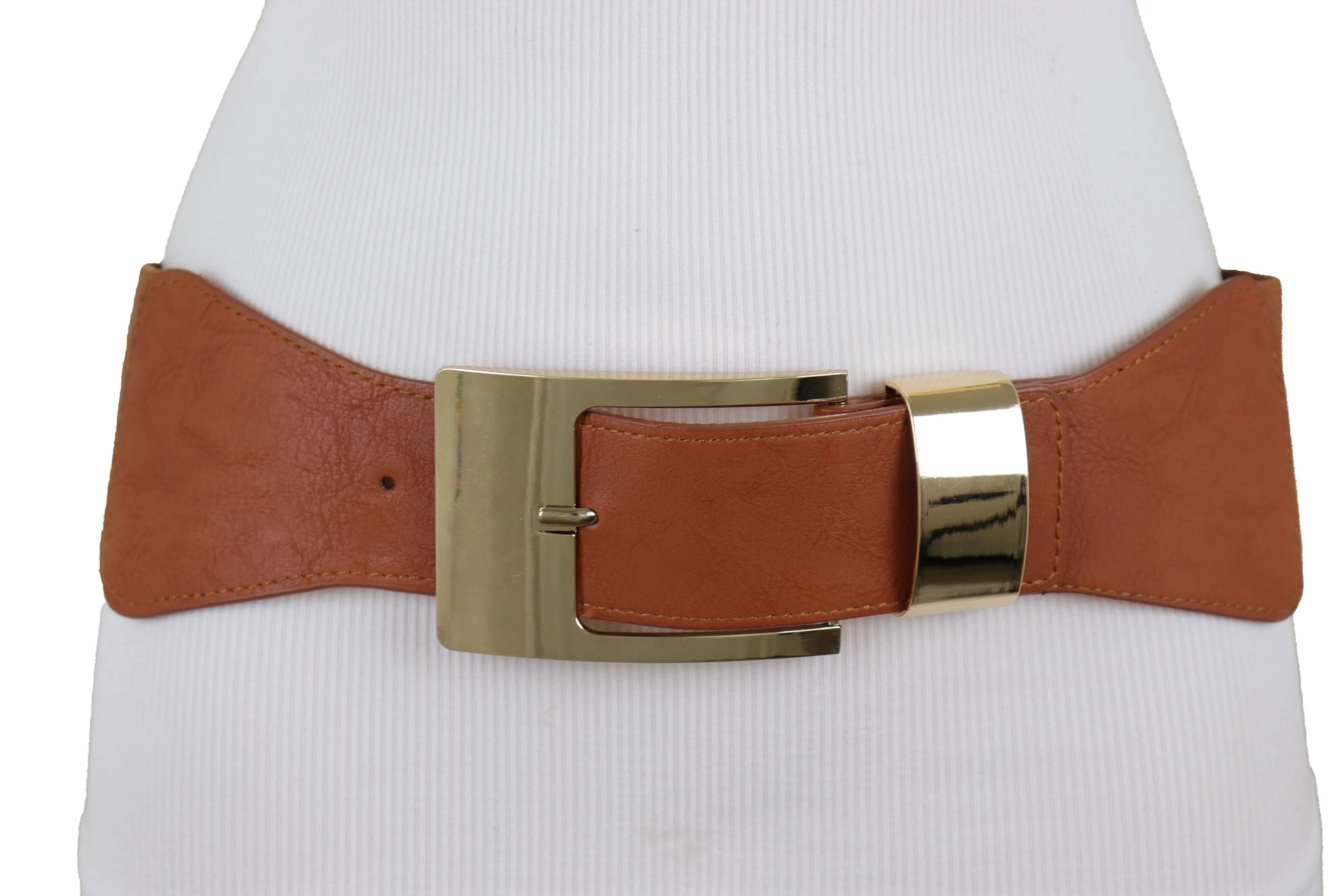 Brown Elastic Fashion Belt Hip High Waist Gold Metal Buckle S M