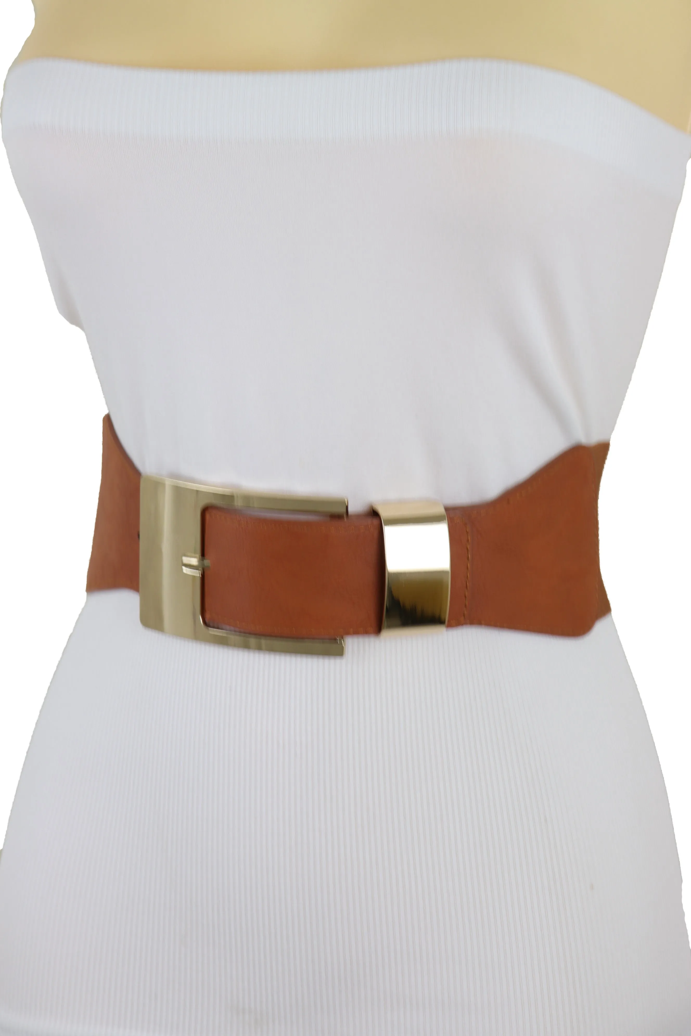 Brown Elastic Fashion Belt Hip High Waist Gold Metal Buckle S M