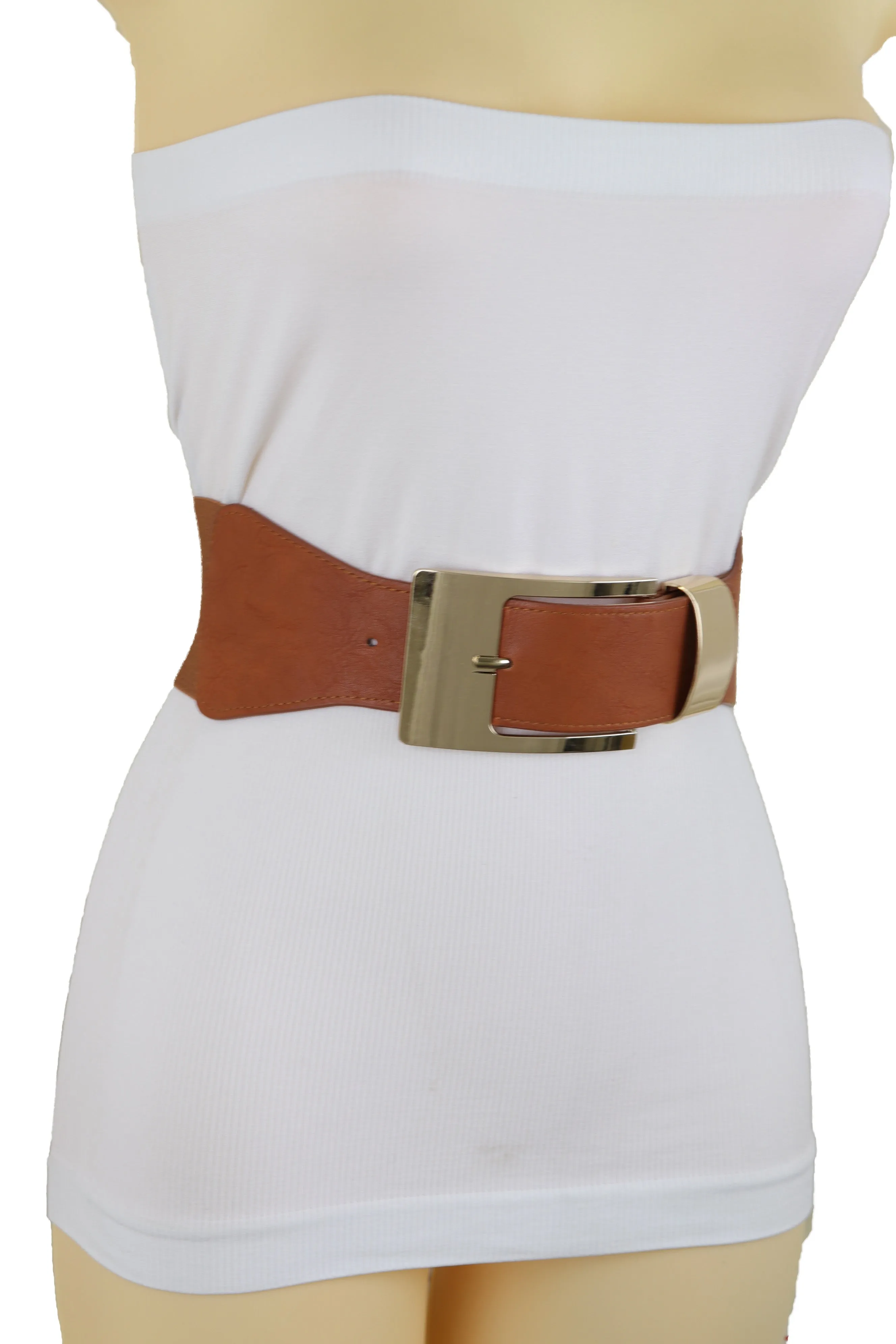 Brown Elastic Fashion Belt Hip High Waist Gold Metal Buckle S M