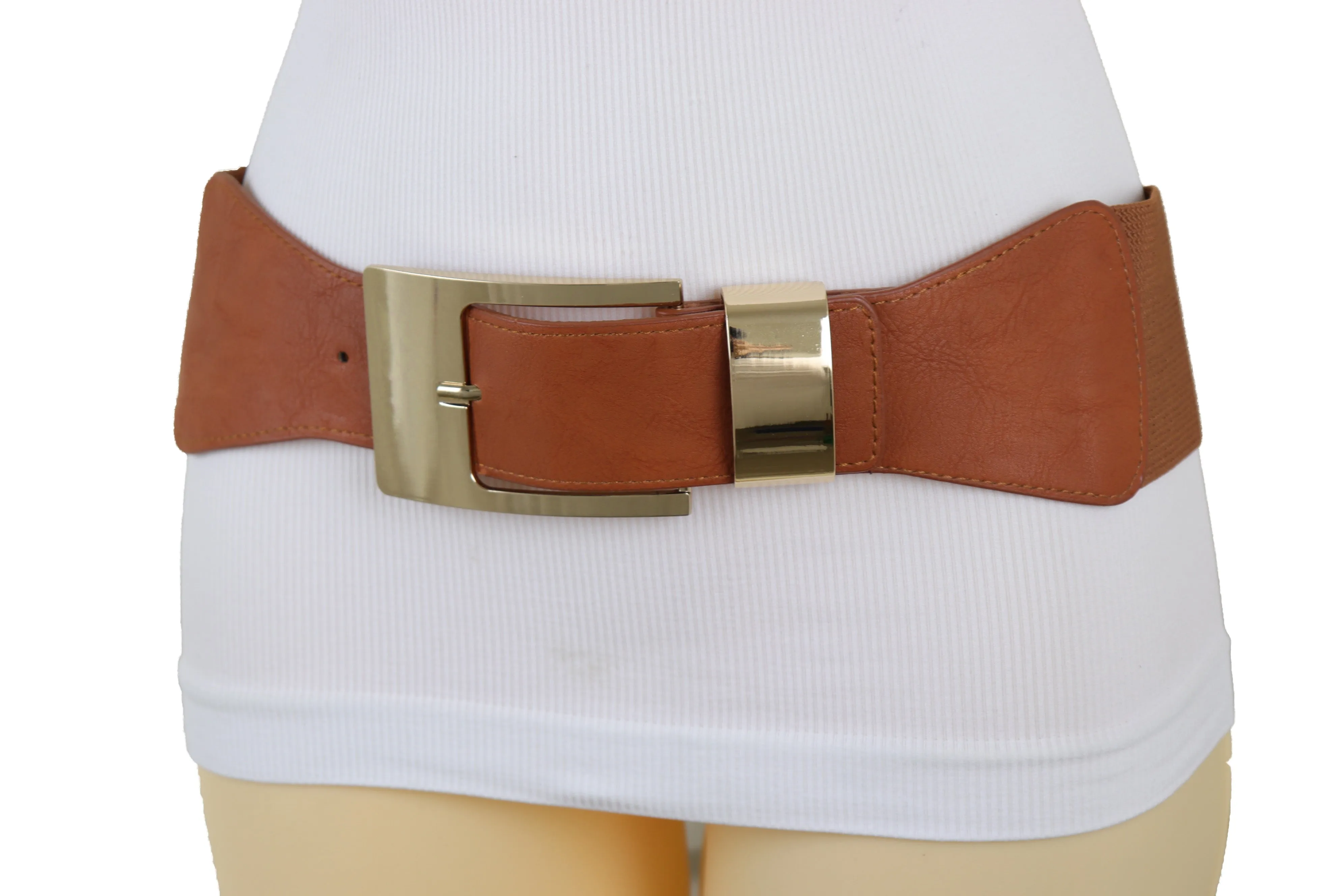 Brown Elastic Fashion Belt Hip High Waist Gold Metal Buckle S M