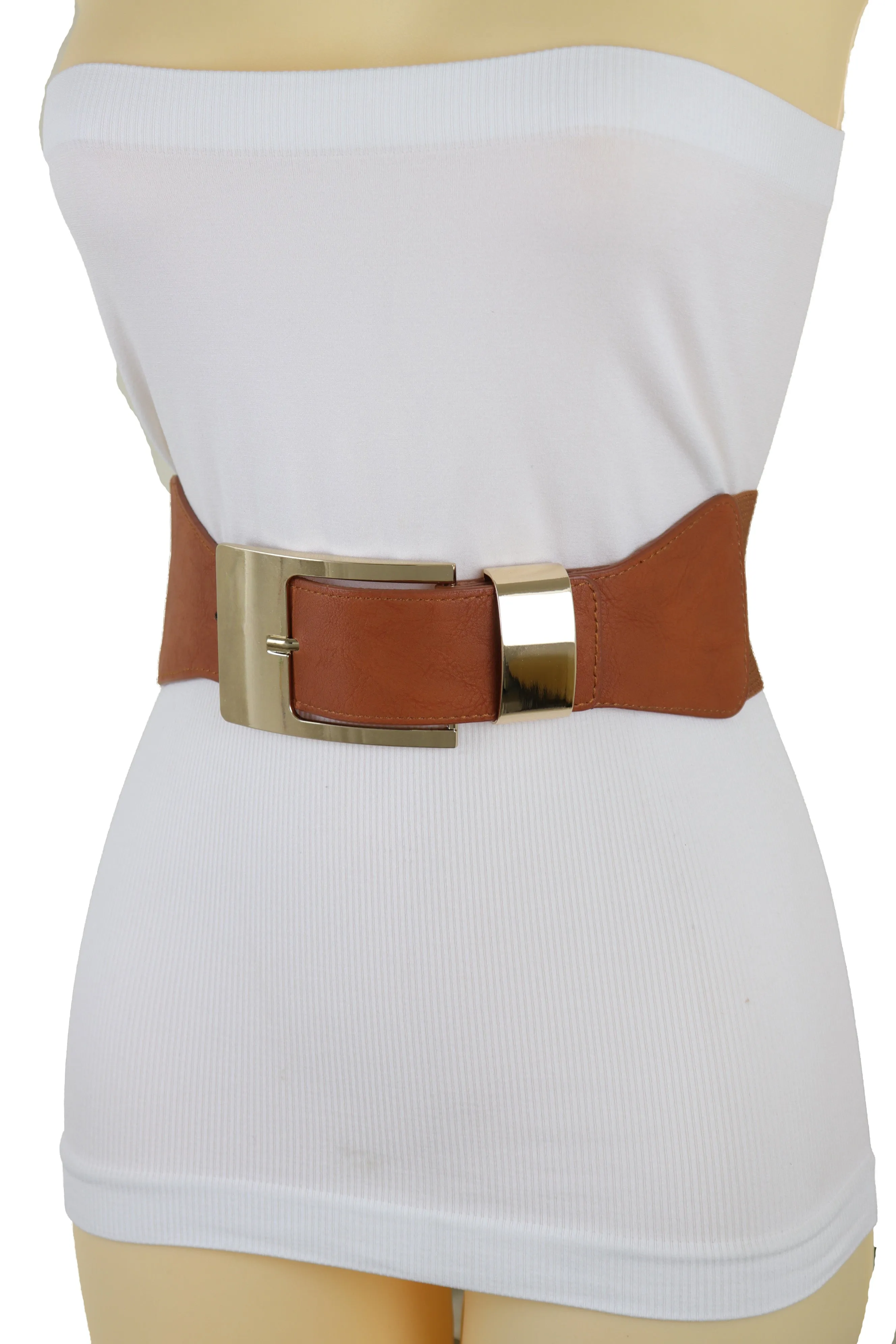 Brown Elastic Fashion Belt Hip High Waist Gold Metal Buckle S M