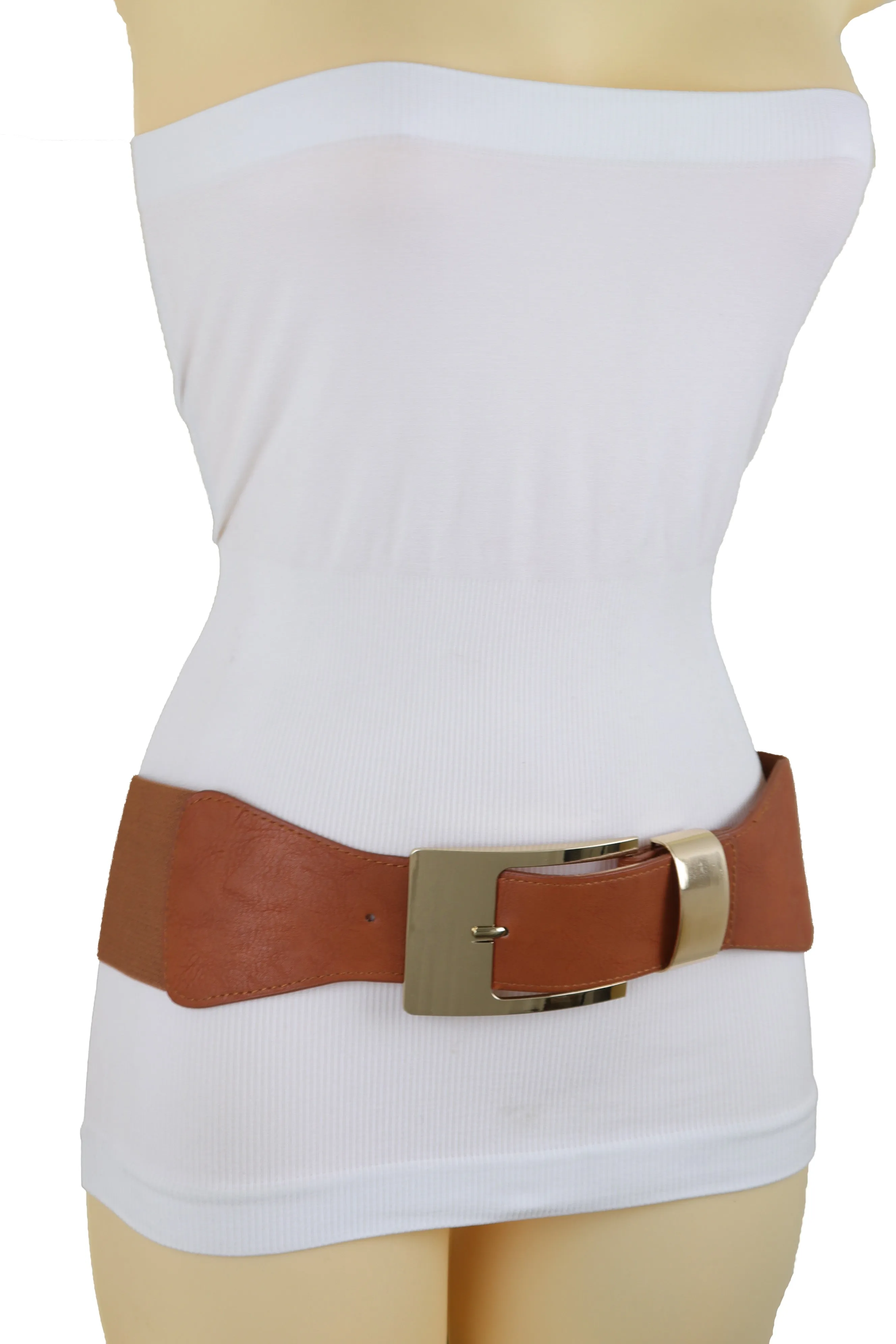 Brown Elastic Fashion Belt Hip High Waist Gold Metal Buckle S M