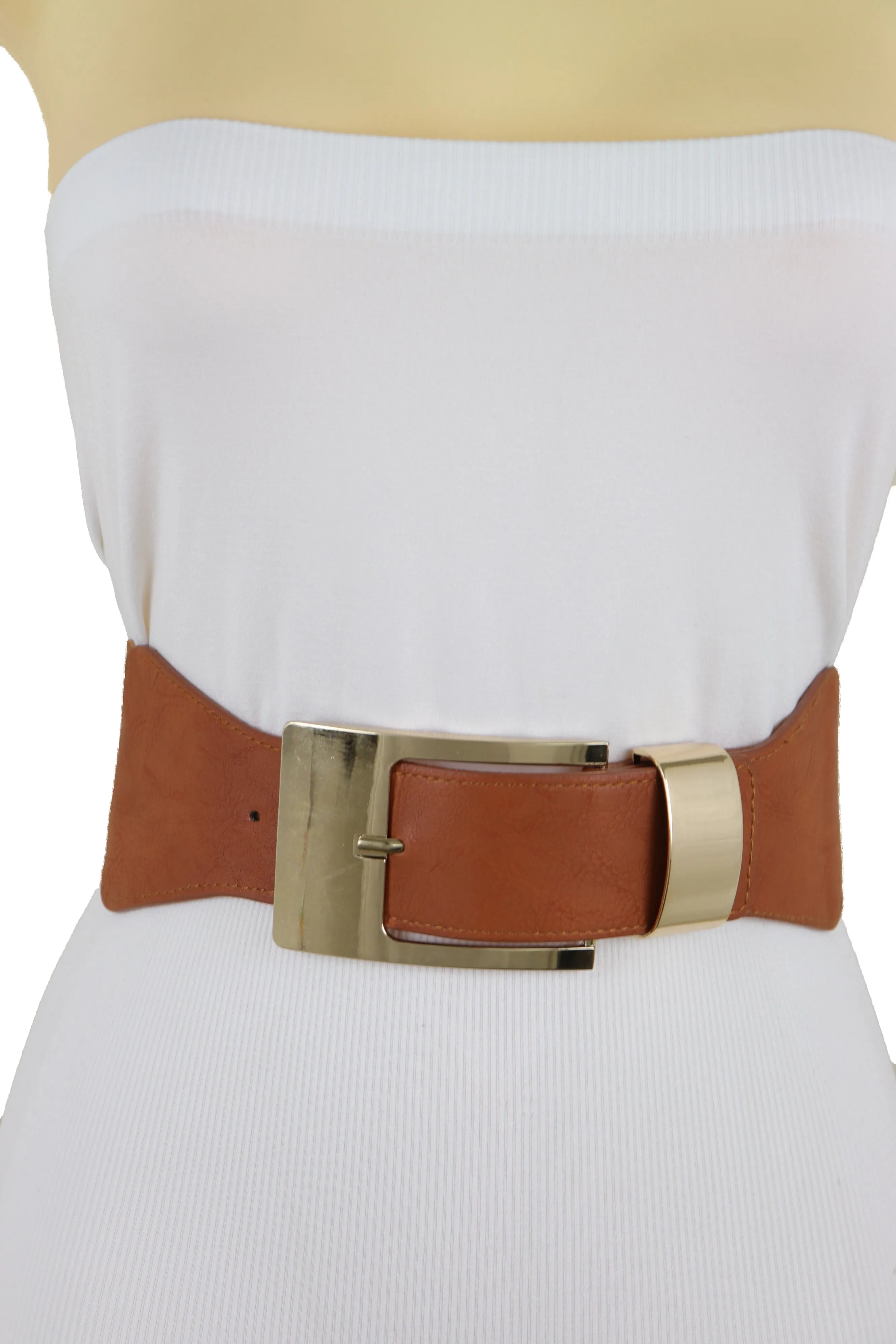 Brown Elastic Fashion Belt Hip High Waist Gold Metal Buckle S M